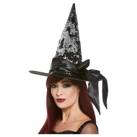 Black and Silver Deluxe Reversible Sequin Women Adult Halloween Witch Hat Costume Accessory - One Size
