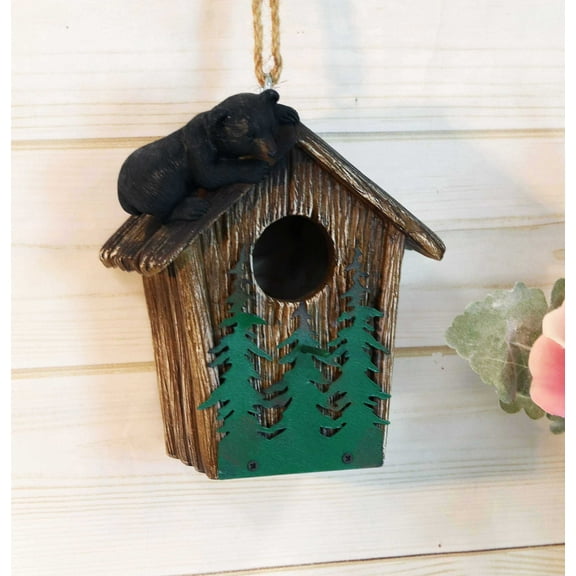 Rustic Black Bear Cub Climbing Pine Trees Birdhouse Roof Hanging Bird Feeder