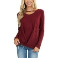 thumbnail image 1 of Top de manga larga para mujer, dobladillo torcido, escote recortado, informal, suelto, color sólido, manga larga, jersey, camiseta, top, rojo vino M, 1 of 6