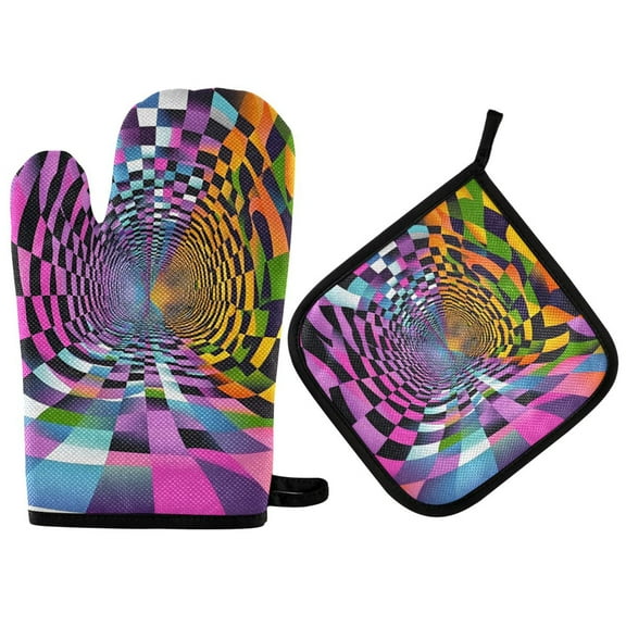 Yayeee Oven Mitts and Pot Holder Set of 2 Heat Resistant Kitchen Gloves Baking Hot Pad, Green Wavy Plaid