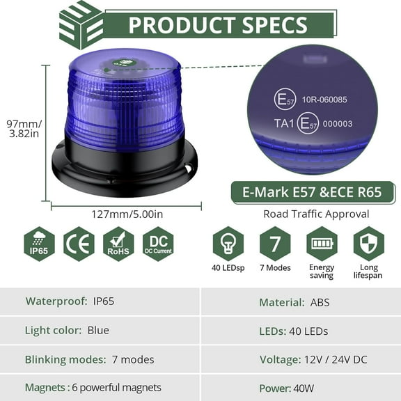 TRA-Blue LED Beacon Strobe Light 12-24V, Safety Emergency Flashing Roadside Warning Beacon Light with 16ft Straight Cord,40 LEDs 40w Waterproof Rooftop Lights for Truck Car Vehicles