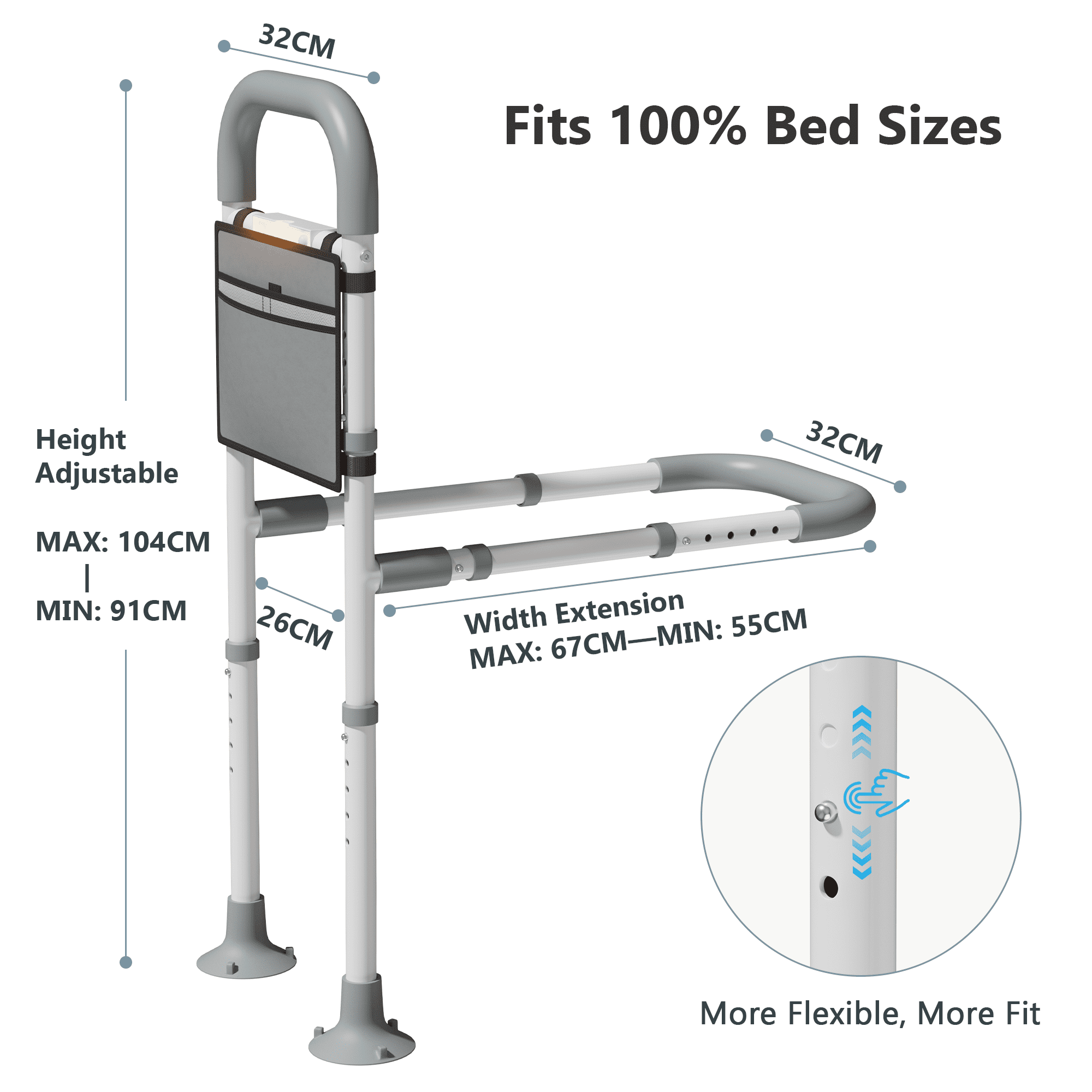 Mr IRONSTONE Bed Rail for Elderly Adults Safety with Leg Adjustable Bed Cane Tool-Free Assembe