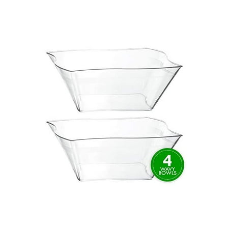 Disposable Elegant Wave Design Square Plastic Clear Serving Bowls Large Size, Heavy Duty, for Party's Snack or Salad Bowl, Pack of 4