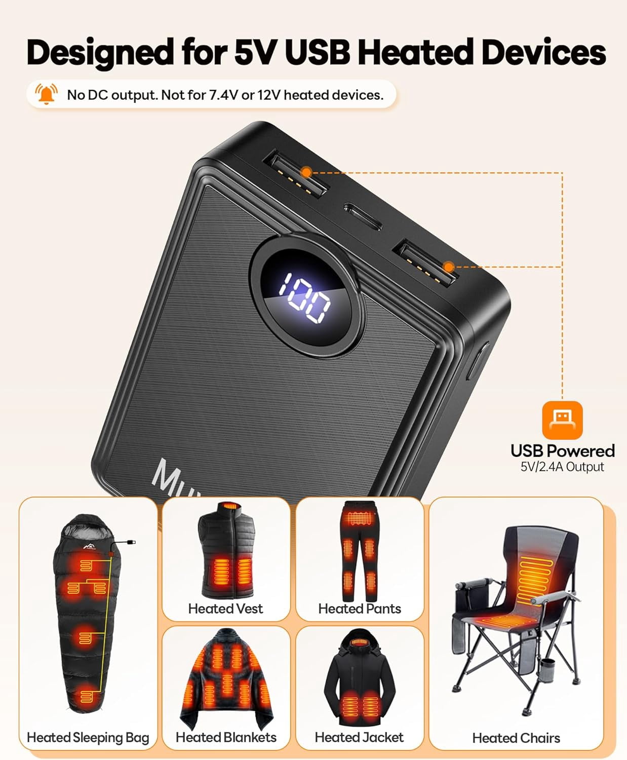 Heated Vest Battery Pack, Portable Power Charger 12000mAh 5V/2A Power Bank with LED Display, Compatible with Soleilwear USB Heated Clothing - No for 7.4V DC Heated Devices