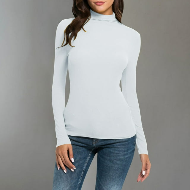 zanvin Chandails à Col Montant pour Femmes, Manches Longues Ajustées Hauts Extensibles Basiques Légers Bustier Chandail à Enfiler T-Shirt, Blanc, m