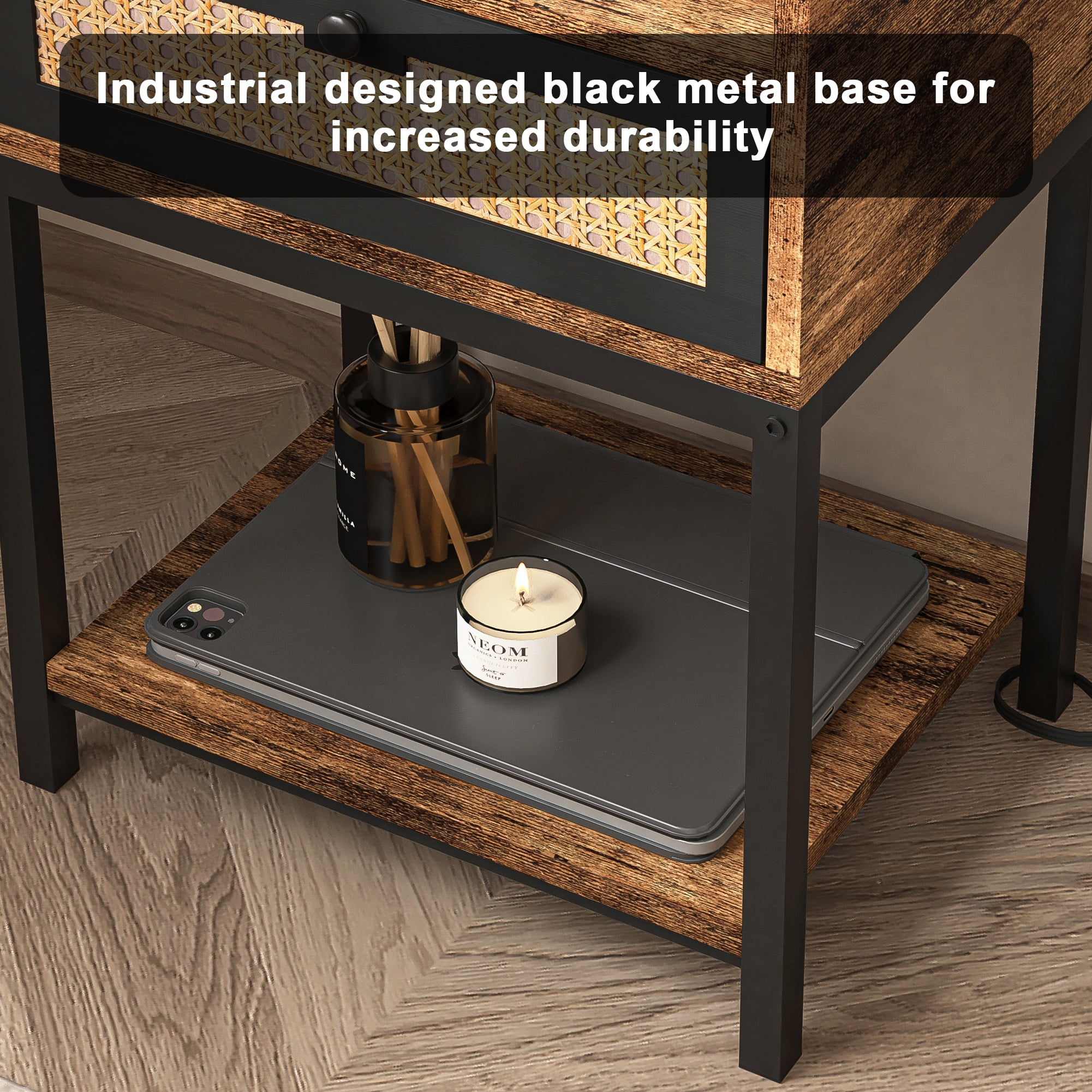 Kadyn Modern Nightstand, Night Stand with Charging Station & USB Ports, Bedside Table with Drawers and Charging Cable for Living Room, Brown