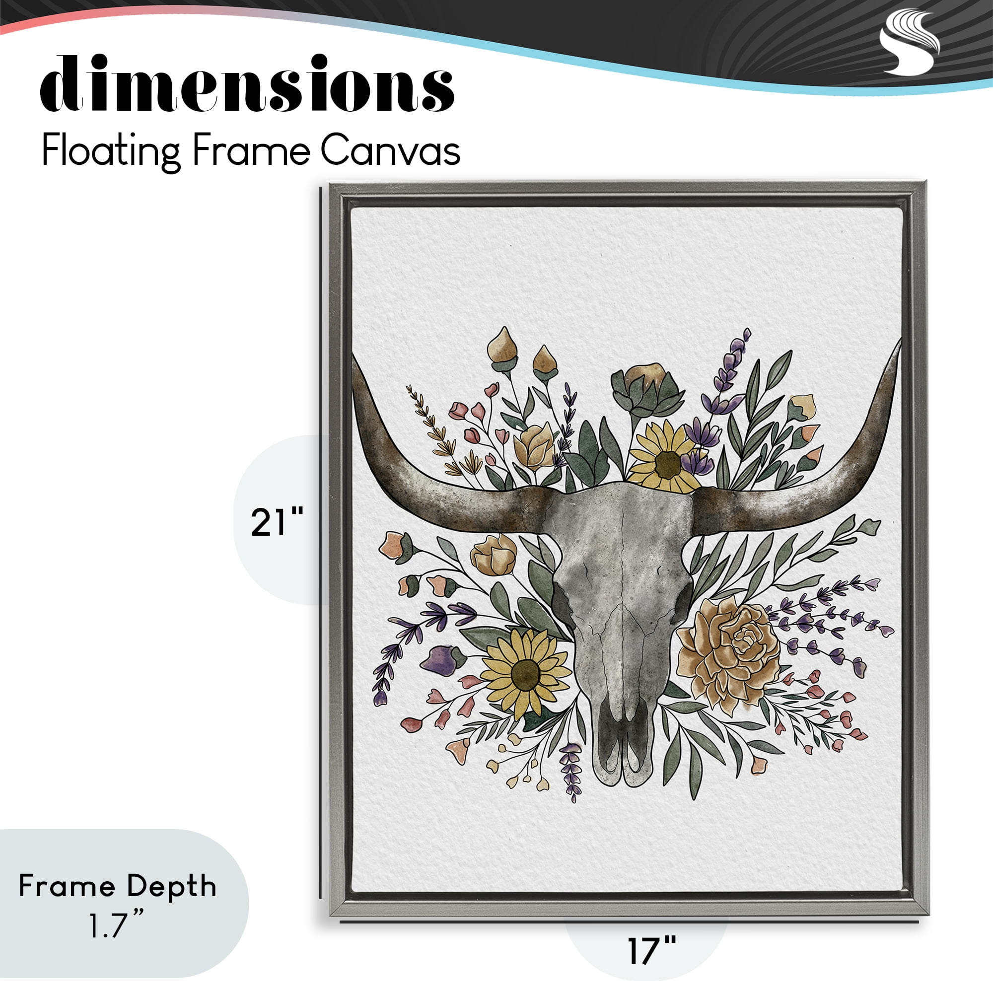 Stupell Industries Boho Wildflower Longhorn Gray Framed Floater Canvas Wall Art, design by Alisha Kiara Design