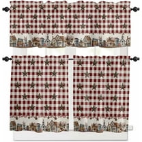 Farm Red Kitchen Curtains, Brown Western Texas Star Red Plaid Country 3-Piece Kitchen Curtain Valance and Tiers Set 36 Inch Length, Rod Pocket Half Window Curtains for Cafe Living Room Bathroom