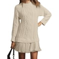thumbnail image 2 of Robe Chandail en Tricot Torsadé pour Femmes, Col Ras du Cou, Manches Longues, Mini-Robe Plissée, Style Deux-en-un, Robe Patchwork, Blanc Laiteux, S, 2 of 7