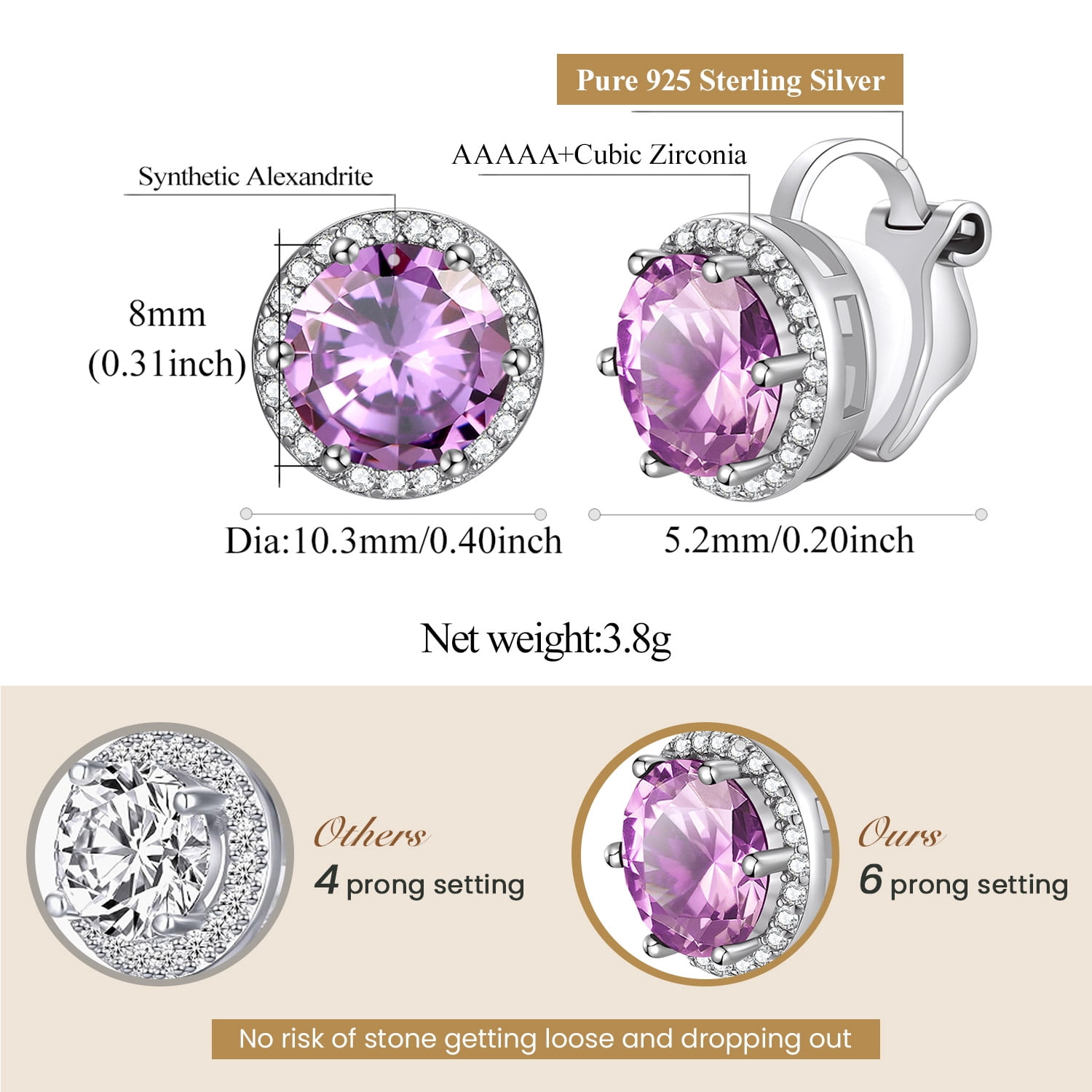 FindChic Pure 925 Sterling Silver Clip On Earrings for Women, Round 8MM Cubic Zirconia Non Pierced Studs Synthetic Alexandrite Birthstone Earrings Jewelry Gifts for Her, Birthday/Christmas