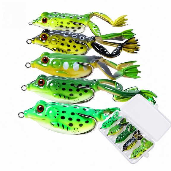 5PCS Frog Fishing Lures with Box, Topwater Soft Frog Baits, Weedless Fishing Lures for Bass Fishing, Trout, Pike, Snakehead and Freshwater Fishing