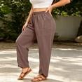 thumbnail image 5 of Women's Plus Size Linen Cotton Drawstring Elastic Waist Wide Leg Pants with Pockets, Mid Waisted Loose Fit Stretchy Comfy, Casual Summer Beach Lounge | VerBelle,Brown L, 5 of 8