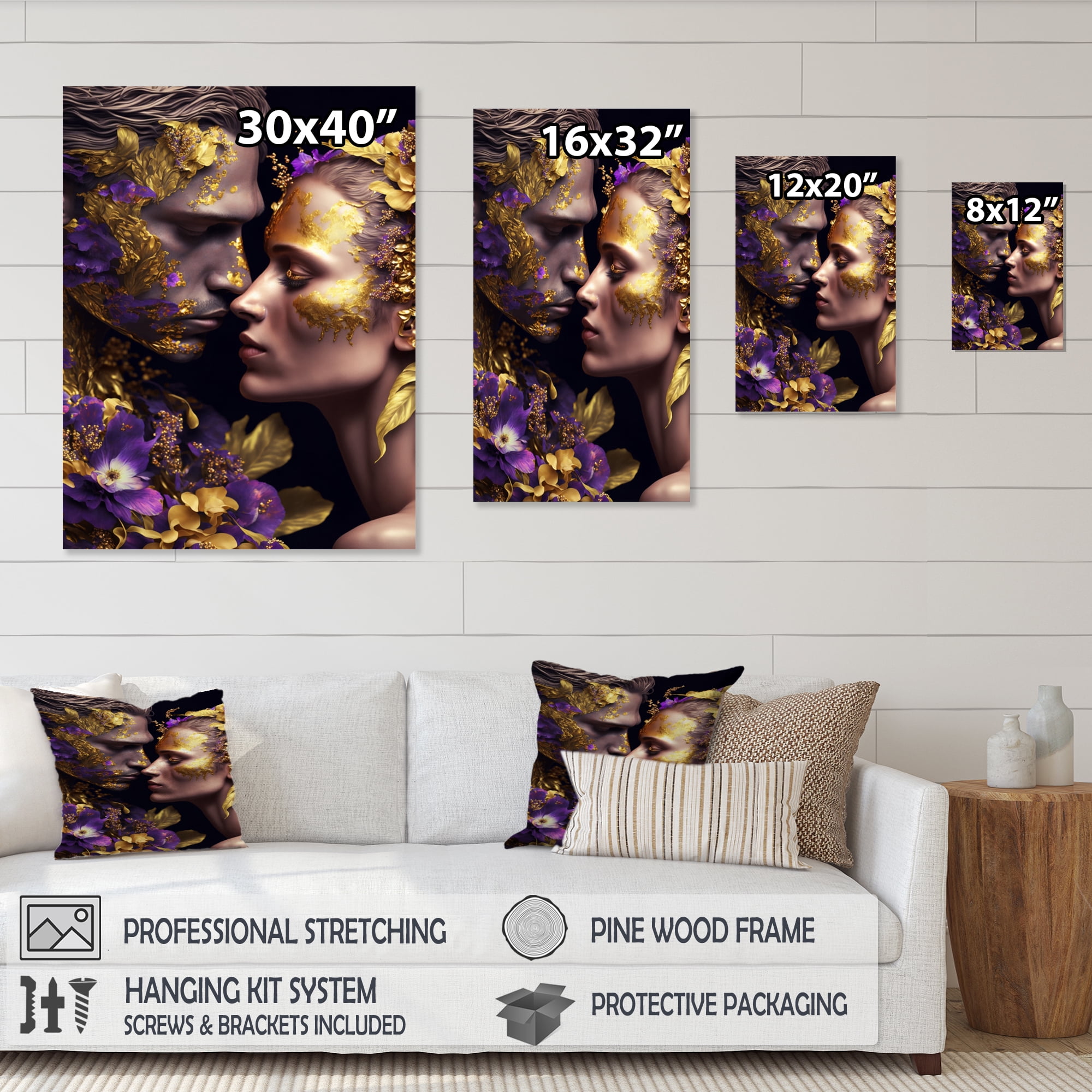 Designart Loving Couple Kissing Floral Design I Canvas Wall Art