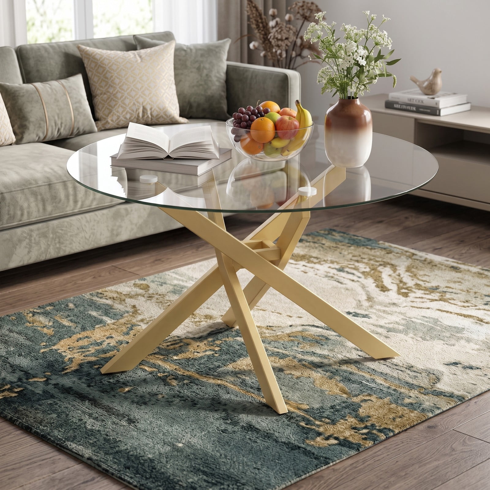 Furnibear Round Glass Coffee Table, Tempered Glass Top Center Table with Geometric Gold Metal Frame for Living Room, Adjustable Foot Pads, Modern Clear & Gold