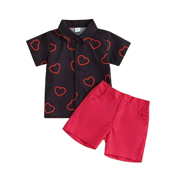 COM1950s Valentines Day Kids,Shorts for Girls,Boys and Girls Valentine's Day Love Print Lapel Short-Sleeved Shirt and Shorts Two-Piece Set,Toddler Boy Valentines Day Shirt,Valentines Shirts for Girls