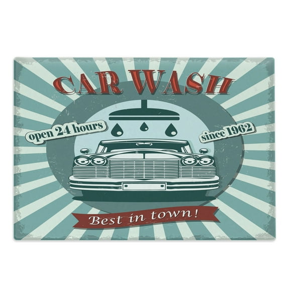 Retro Cutting Board, Vintage Graphic Design for a Car Wash Sign Commercial Aged Classic Vintage Arsty, Decorative Tempered Glass Cutting and Serving Board, Large Size, Red Teal, by Ambesonne
