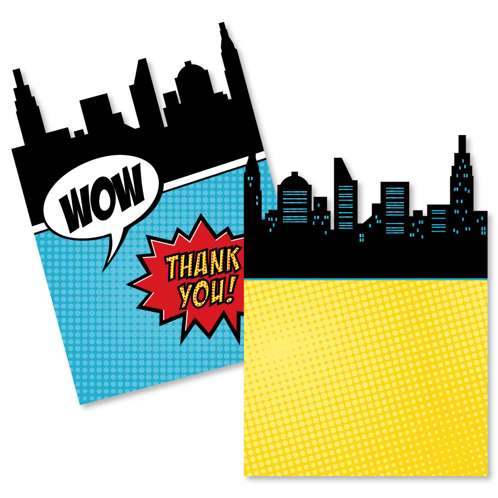 Big Dot of Happiness BAM! Superhero - Baby Shower or Birthday Party Thank You Note Cards with Envelopes - 12 Ct