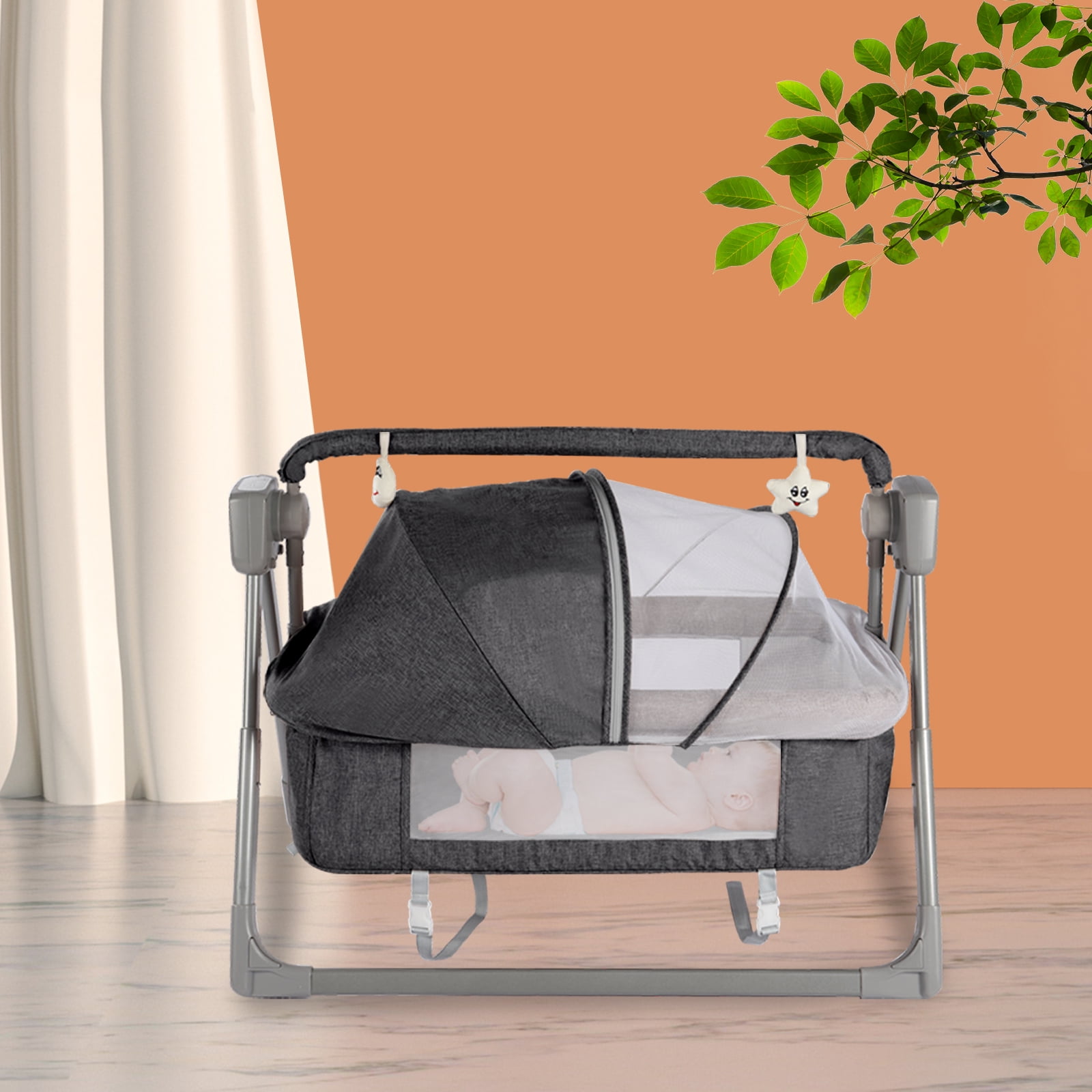 Loyalheartdy Infant Cradle, Electric 5-Speed Auto-Swing Baby Crib Foldable  Bluetooth Music Remote Rocking Basket Cot (Khaki/Gray)