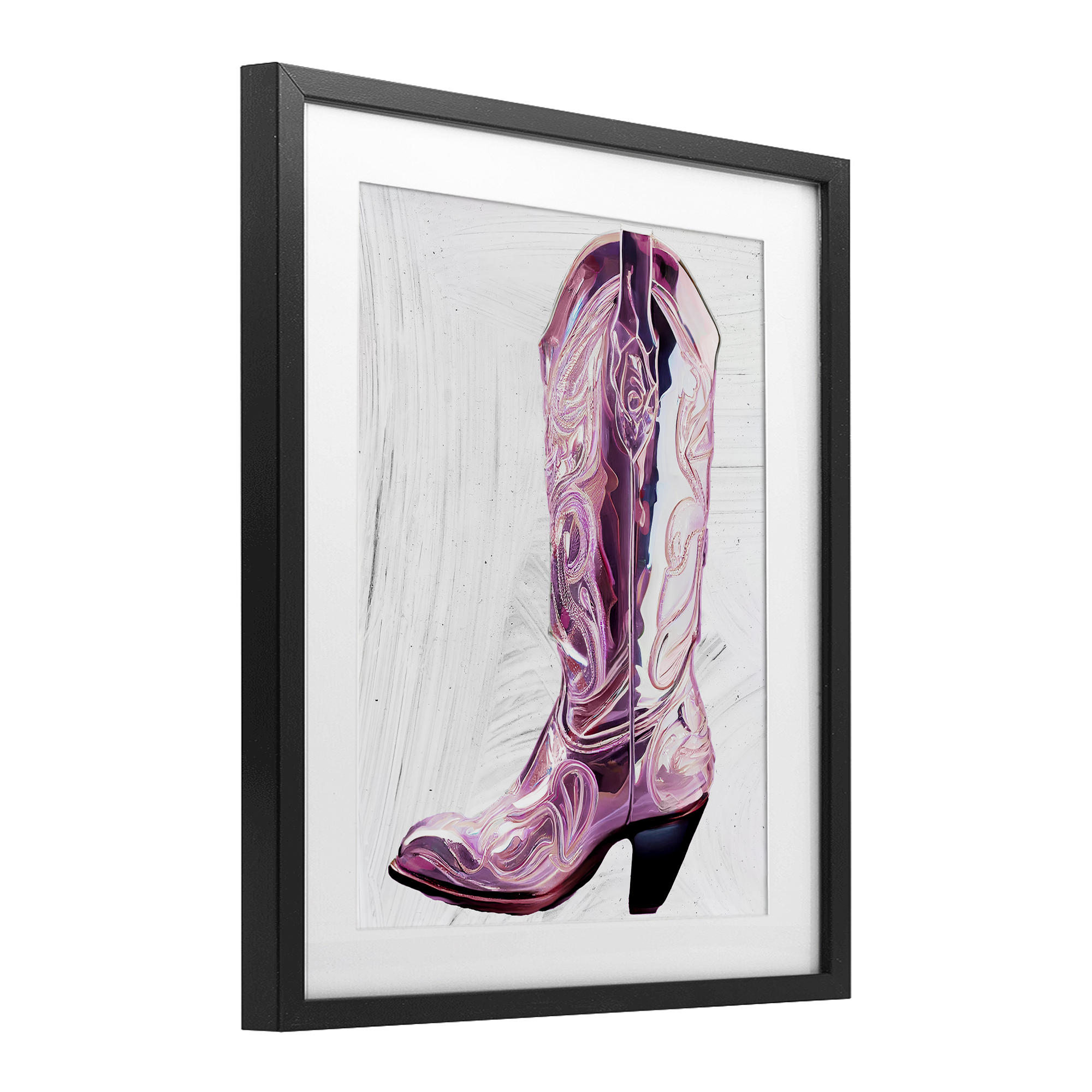 Cowgirl Cinderella's Boot Black Framed Print Under Glass, design by Sasha