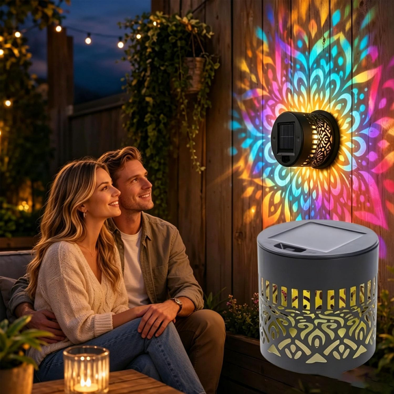 Seven-Color Changing Solar Mandala Projection Wall Light, Solar Mandala Wall Light Outdoor Garden Fence Projector Lamp, Outdoor Waterproof Metal Fence Lights for Yard Garden Patio Decor