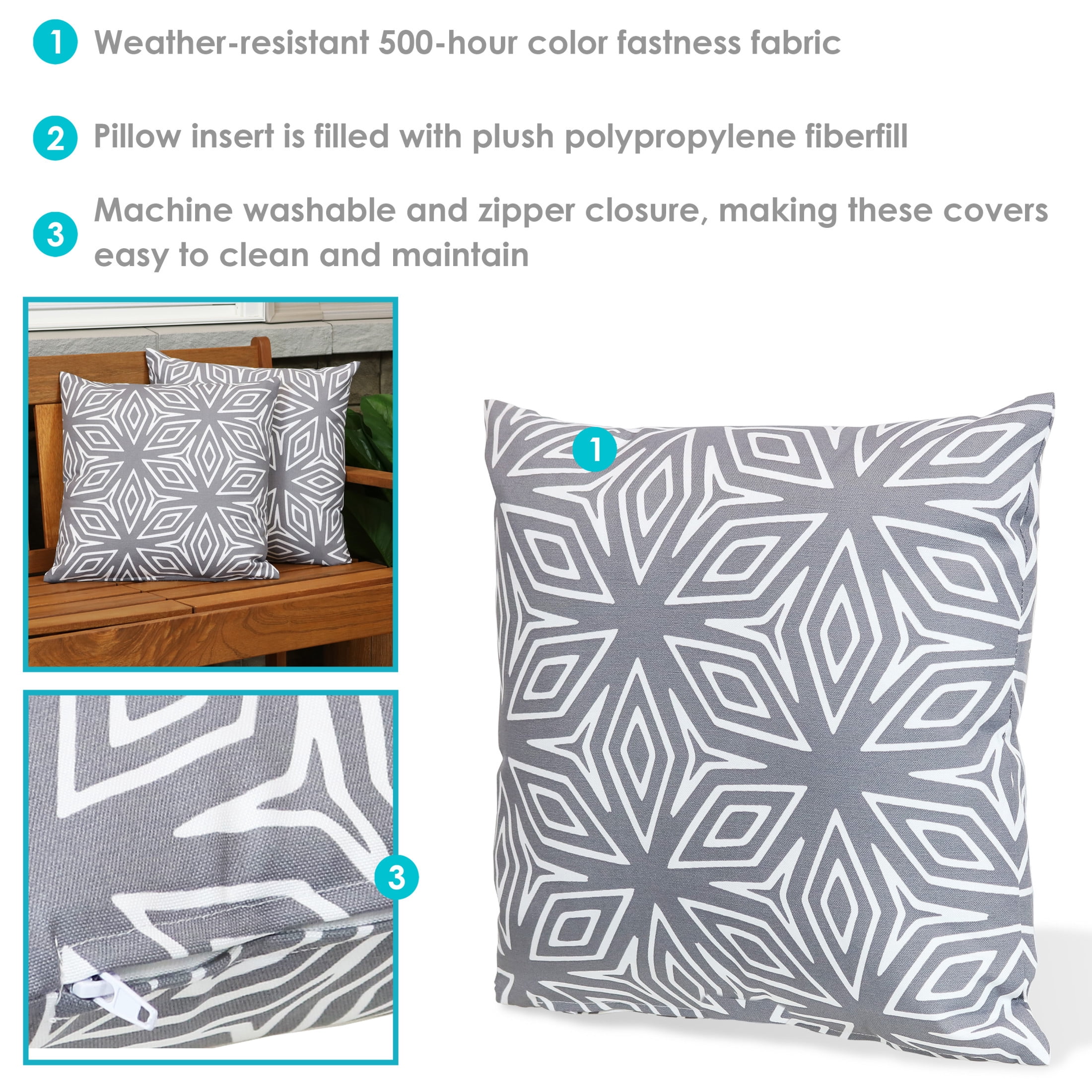Sunnydaze 17" x 17" Gray Geometric Polyester Square Decorative Outdoor Throw Pillow, 2 Count