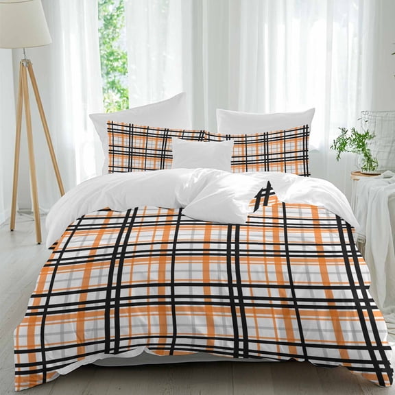 3 Piece Orange Black Plaid Duvet Cover Set California King,Microfiber Comforter/Quilt Cover with Corner Ties and 2 Pillowcases,Farmhouse Orange Black Checkered All Season Bedding with Zipper Closure