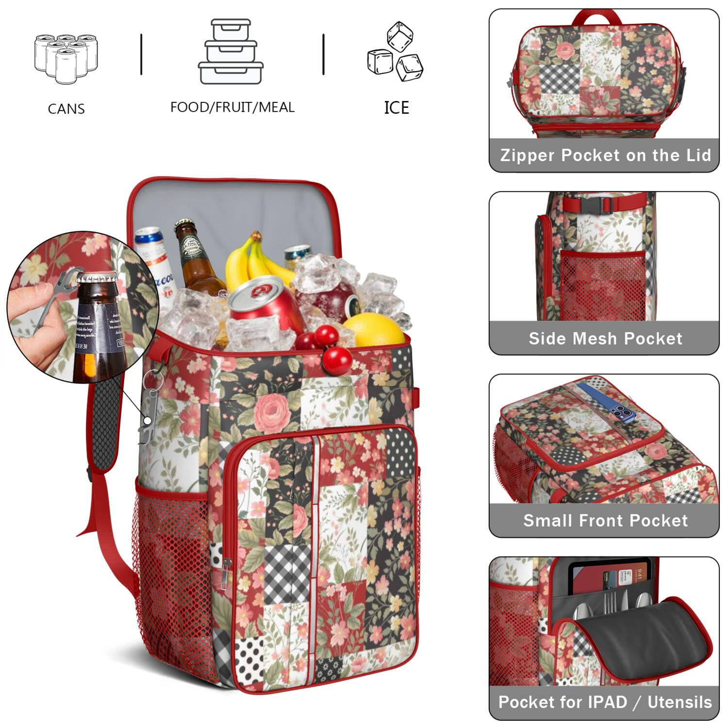 Travel Cooler Bag - Pioneer Flower Floral Print Pattern Camping Beer Cooler Backpack with Bottle Opener- Waterproof Insulated Picnic Backpacks - Cooler Bag for Beach