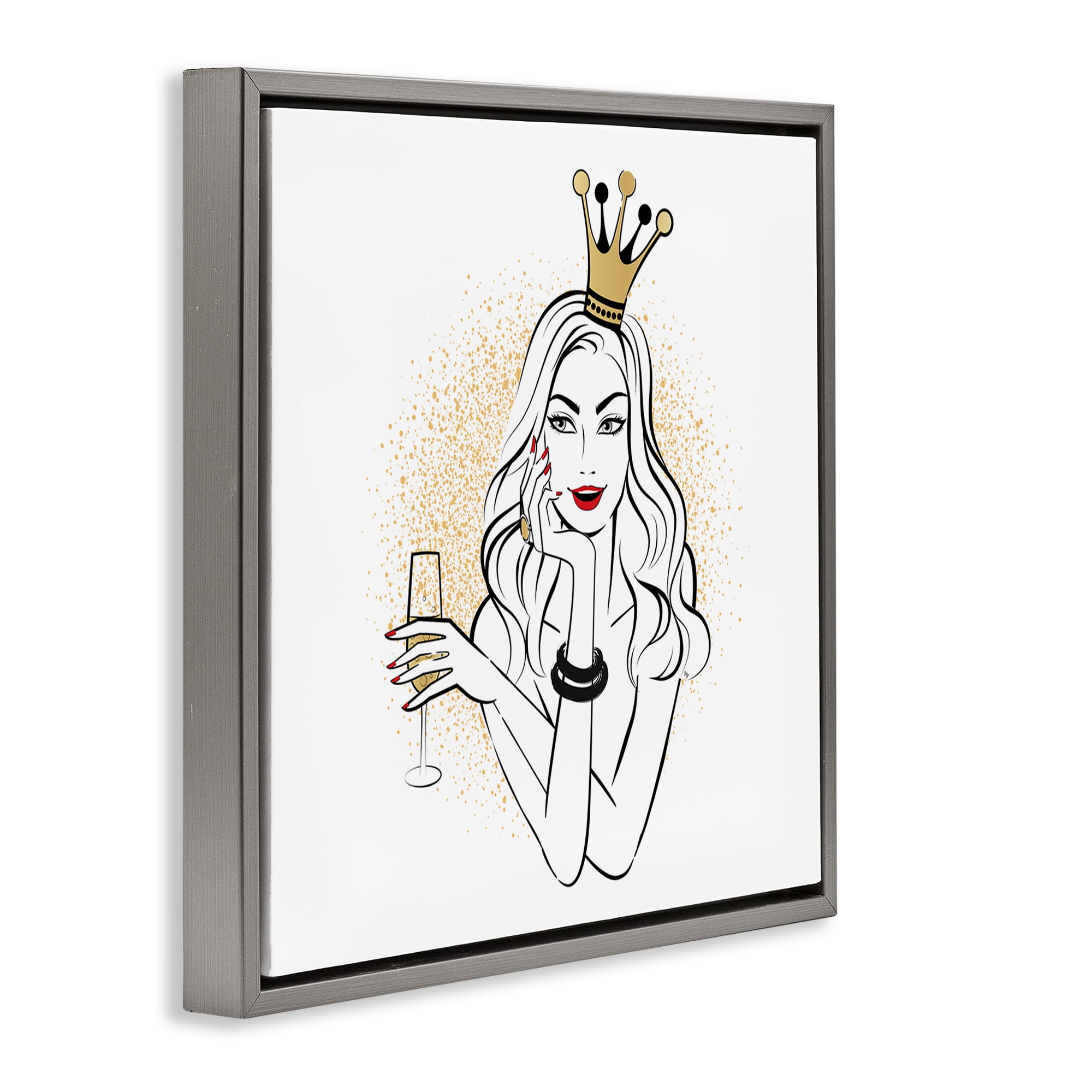Stupell Industries Princess with Champagne Novelty Painting Gray Floater Framed Art Print Wall Art, 18 x 18