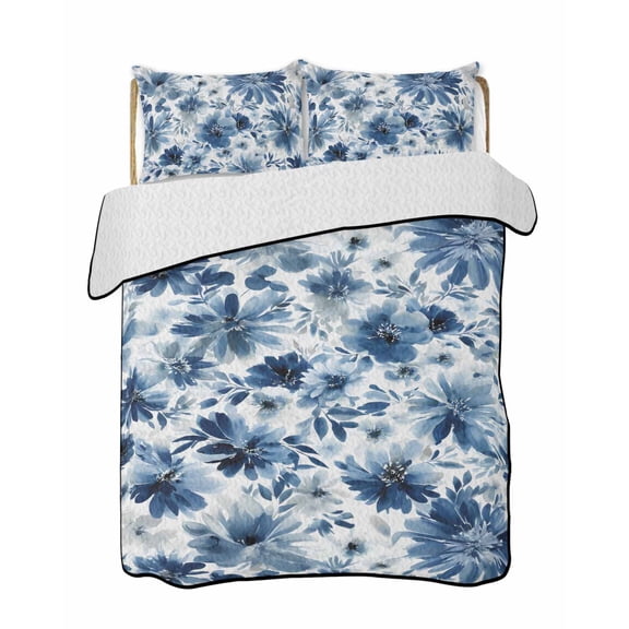 Full Size Quilt Bedding Set, Blue Spring Floral Reversible Summer Quilt 3 Pieces, Watercolor Ombre Summer Botanical Lightweight Bedspreads Coverlets with 2 Pillow Shams for All Seasons
