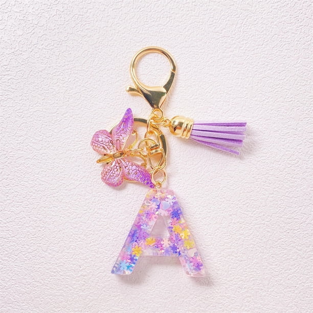 Xihbxyly Llavero de Resina Morada con Inicial Personalizada, Elegante Borla para Bolso, Cartera o Coche, Regalo Perfecto para Mujer, Cumpleaños, San Valentín o Pascua, 10 X 3,8 Cm.