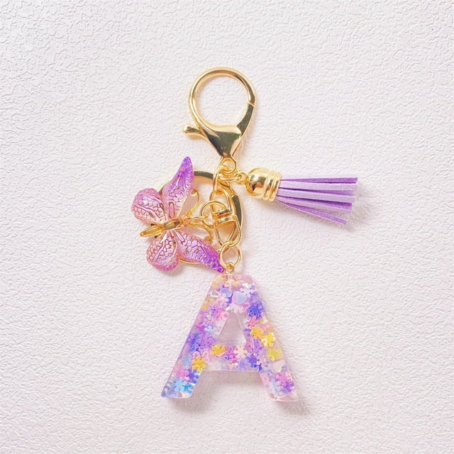Initial Letter Keychains For Women Tassel Purple Cute Car Keychain For Wallet Backpack Bag