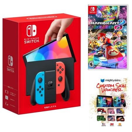 Nintendo Switch OLED Neon Red/Blue Edition Bundle with Mario Kart 8 Deluxe Game + Mightyskins Voucher – (JP Edition) - Japan Import with US Plug