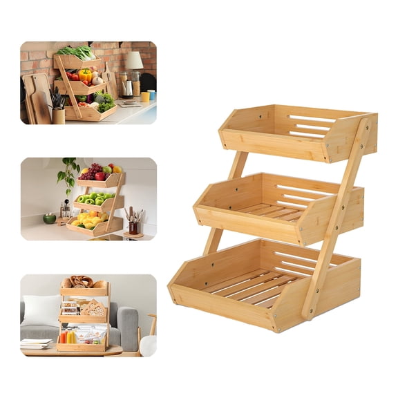 3-Tier Fruit Basket for Kitchen Counter, Bamboo Vegetable Organizer Stand with 2 Banana Hooks, Breathable Produce Storage Rack for Countertop, Rustic Kitchen Decor