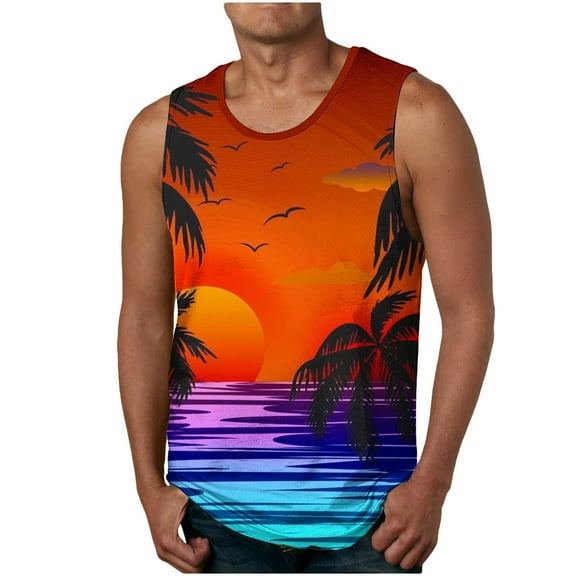 Penkiiy Hawaiian Tank Tops Men Summer Stylish Tropical Print Sleeveless T Shirt Workout Beach Vest Round Neck Casual Tee XL Orange