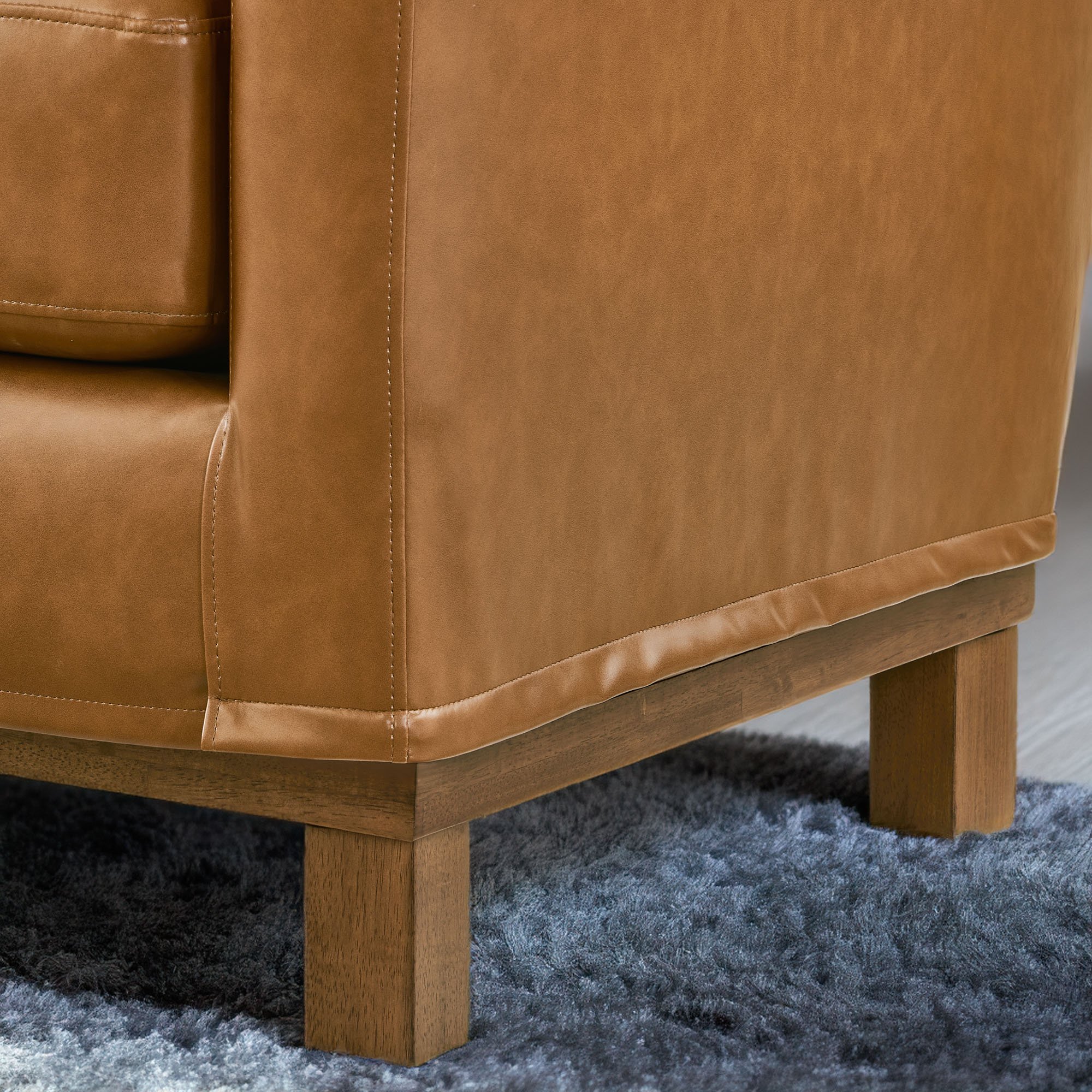 Mayview Barrett Upholstered Sofa with Wood Base, Faux Leather, Glossy Camel