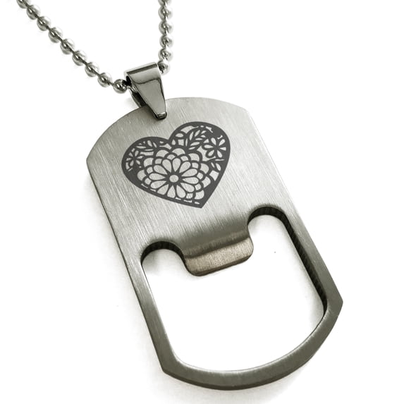 Stainless Steel Floral Lotus Heart Engraved Bottle Opener Dog Tag Pendant Necklace