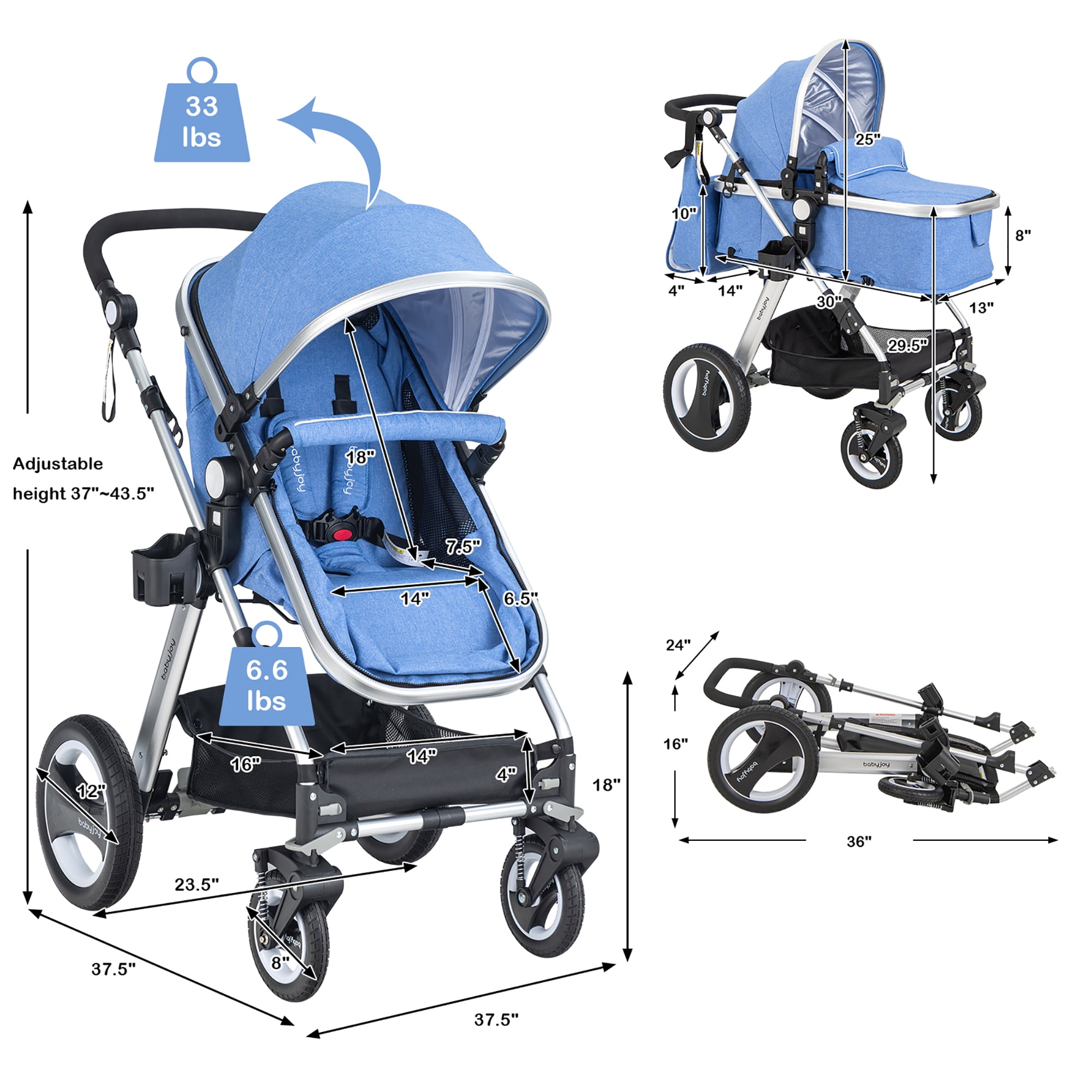 Babyjoy Folding Aluminum Infant Baby Stroller Kids Carriage Pushchair W Diaper Bag Blue Walmart