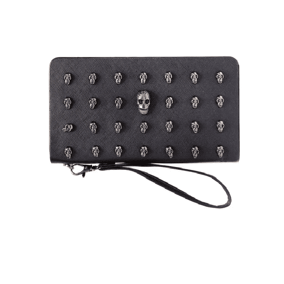 Cartera Larga Xtellar De Dama Calavera Con Cremallera De Cuero Pu Color Negro