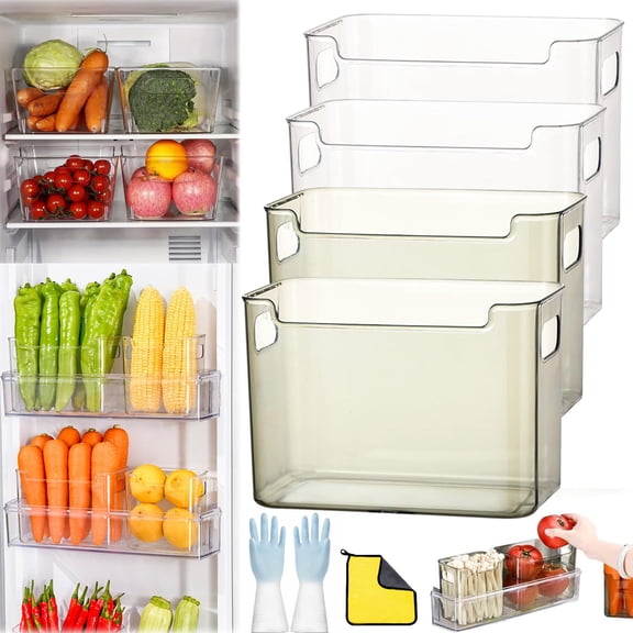 2026 Crystal Clear Freezer Storage Bins, 4 Pack Clear Plastic Bins for Refrigerator and Pantry, Stackable Kitchen Cabinet Organizer with Handles for Frozen Food, Meat & Veggies