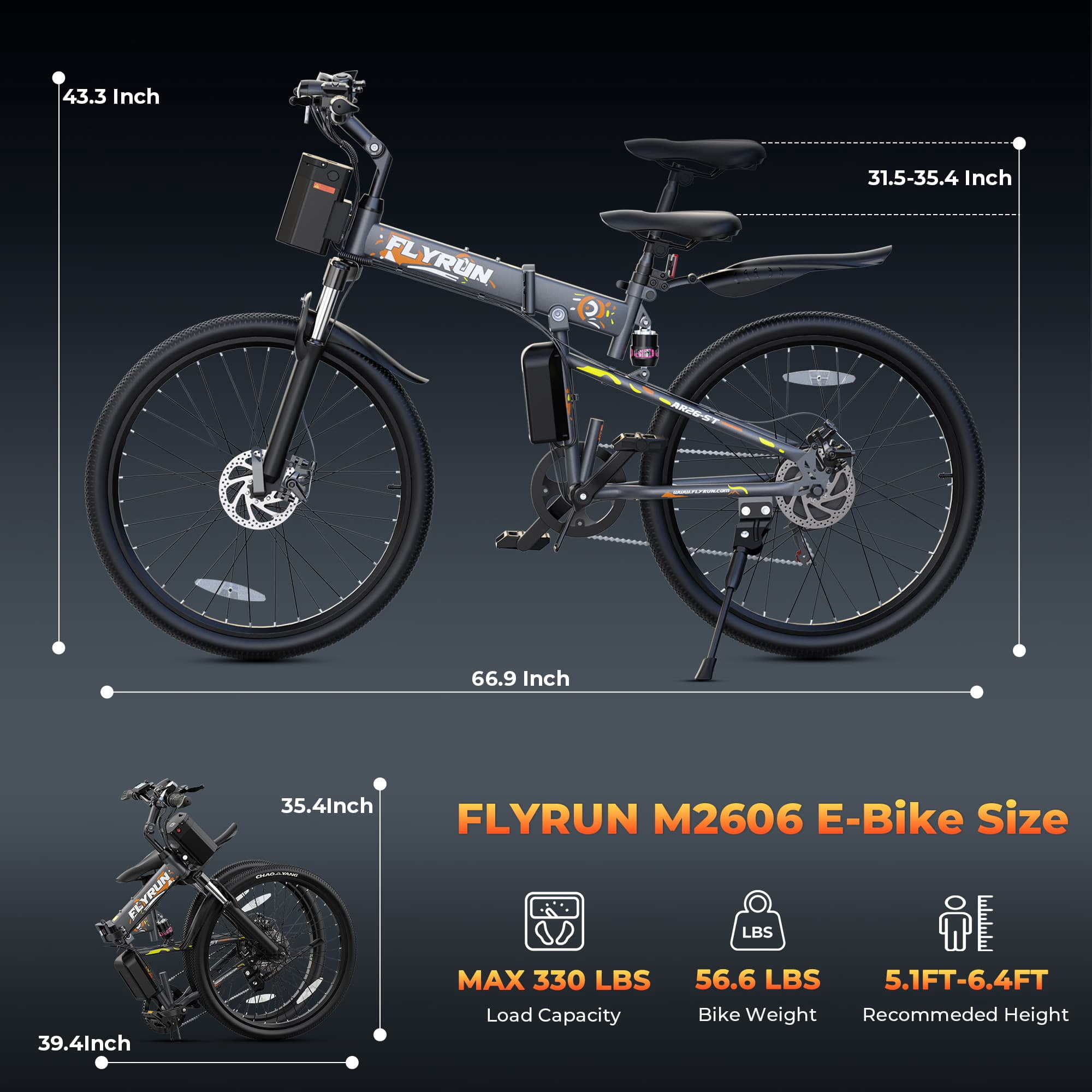 FLYRUN 26" Electric Bike for Adults,Folding Ebike with Peak 750W Motor,48V 374.4Wh Removable Battery,LCD Display,Up to 20 MPH,UL2849