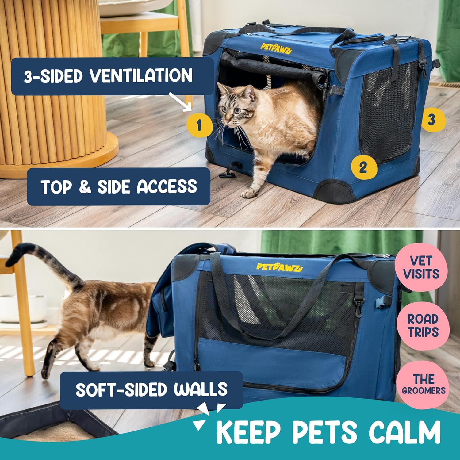 Soft  with Travel Litter Box & Collapsible Bowl - Large  & Small Dog Crate for Car, Vet Visits, Home
