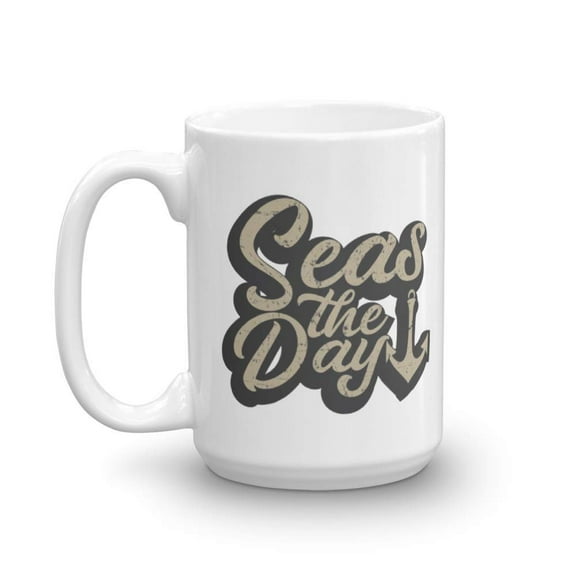 Distressed Seas The Day Anchor Print Pun Coffee & Tea Gift Mug Cup For Boat Owner, Sailor, Sea Traveler, Fisherman & Angler (15oz)