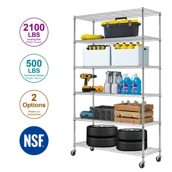 BestOffice 6 Tier Wire Shelving Unit with Wheels 2100LBS Capacity-18x48x82, Chrome