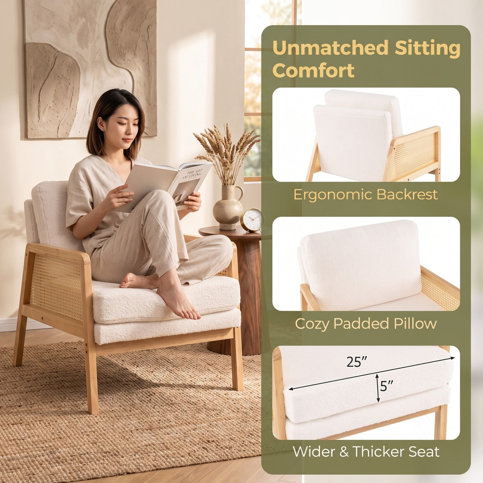 Furnibear Mid Century Modern Accent Chair with PE Rattan Arms, Sherpa Fabric Upholstered Armchair with Removable Cushion and Backrest Pillow for, Natural Brown & Beige