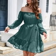 thumbnail image 3 of WILLBEST Vestidos De Verano Para Mujer, Moda Informal, Color Sólido, Elástico, Cuello De Una Línea, Porosidad, Hoja, Manga Larga Con Cinturón Y Hombros Descubiertos, Vestido De Gasa, 3 of 3