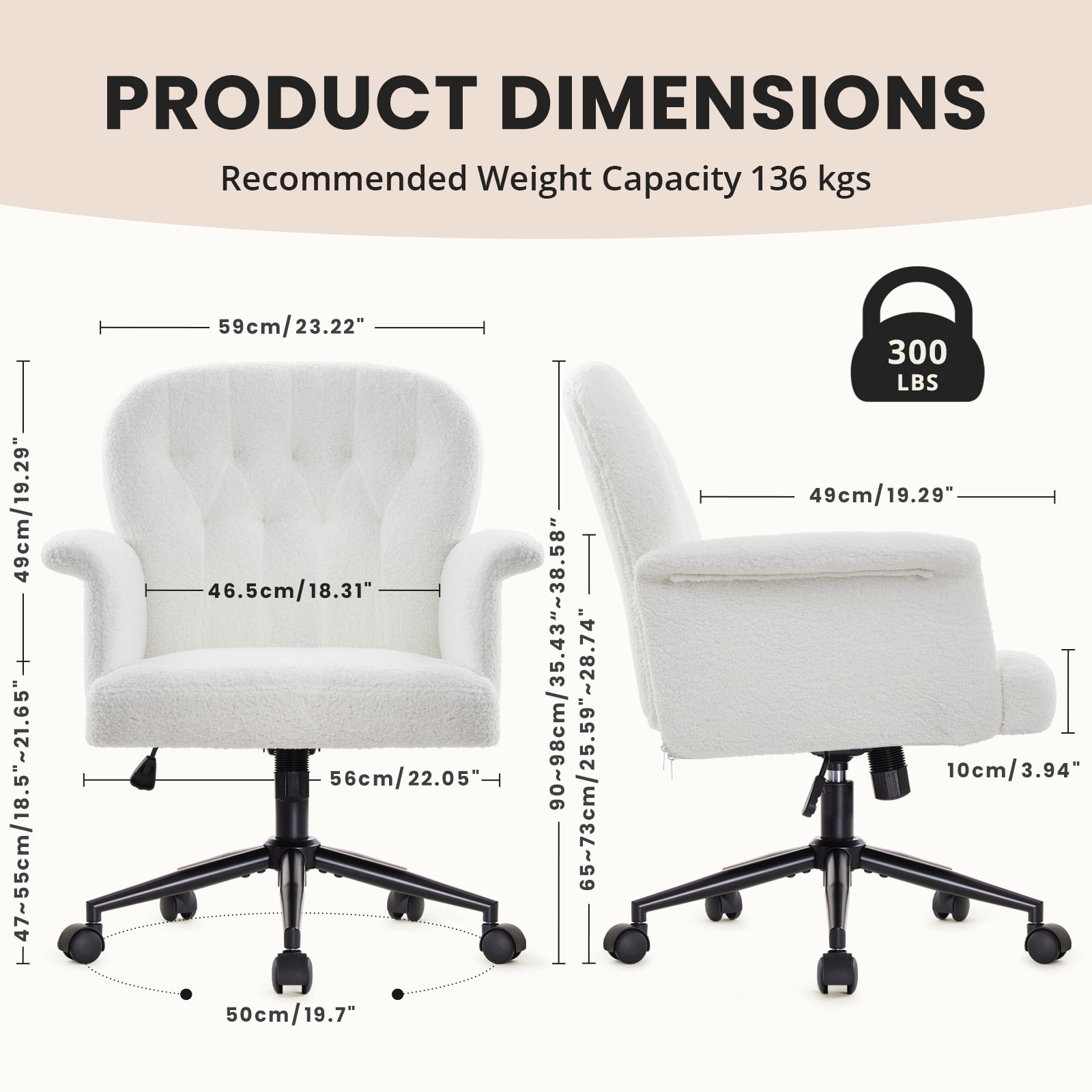 Home Office Desk Chair, Teddy Fabric Cozy Desk Chair with Wheels and Arms, Modern Upholstered High Back Wide Seat Vanity Chair for Bedroom Living Room Makeup
