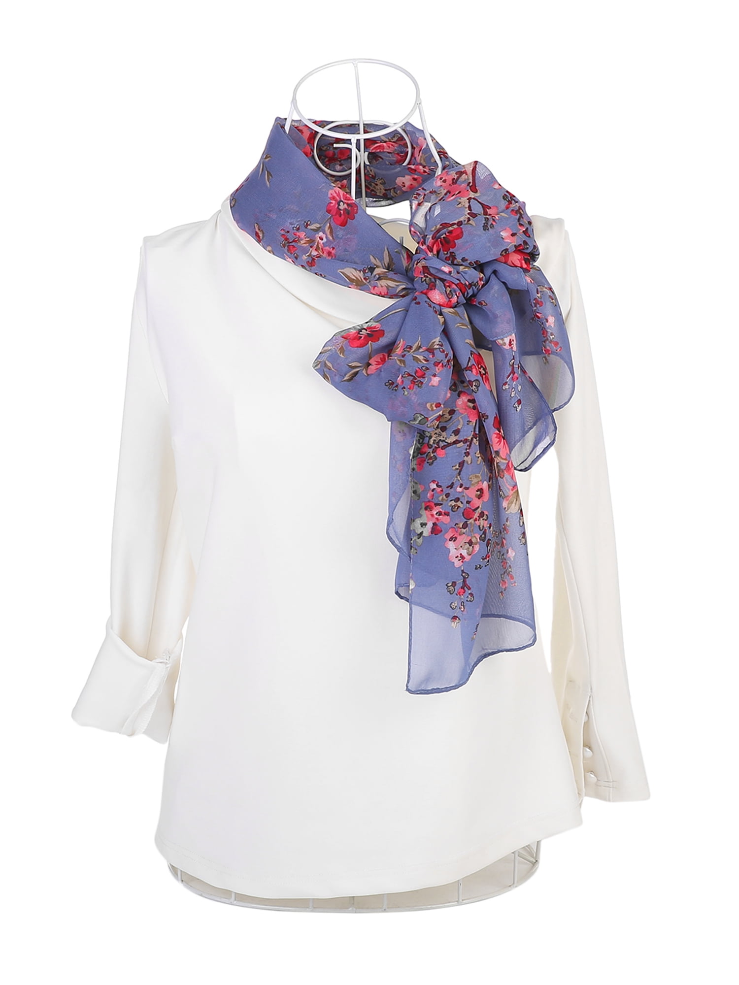 Unique Bargains Chiffon Long Chiffon Shawls Beach Scarf Silk Scarf Floral Print Scarves Denim Blue