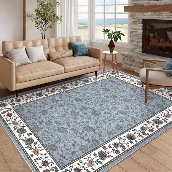 HOMERRY Floral Grey Rug for Living Room 9x12 Washable Border Bedroom Indoor Vintage Carpet