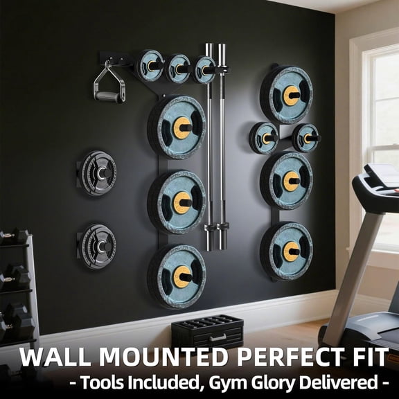 WEIGHT pLATE sTORAGE rACK, wALL mOUNTED bUMPER pLATE wEIGHT rACK sTORAGE, sPACE sAVING sTRENGTH tRAINING pLATE tREES FOR gARAGE hOME gYM sTRENGTH tRAINING, lOAD uP TO 700 lbs, 3-pEG, fIT 2" pLATES