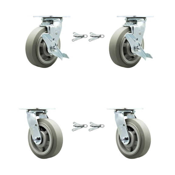 6 Inch Thermoplastic Rubber Caster Set with Roller Bearing 4 Swivel Lock 2 Brake